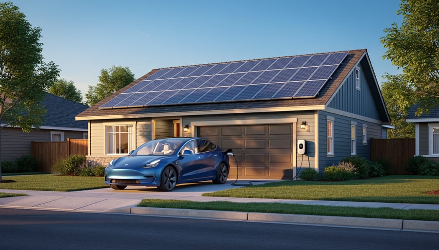 Modern suburban house with a mid-sized rooftop solar array and an electric car charging in the driveway at golden hour, photographed from a slight low angle with trees and neighboring roofs softly visible in the background.