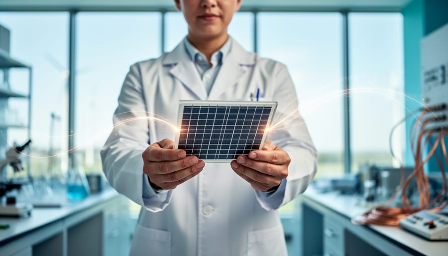 “Scientist holding a solar panel module in a clean energy research lab with blurred lab equipment in the background.”
