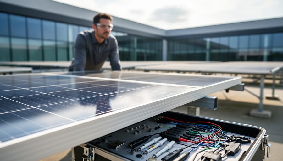 Research engineer working in a solar R&D lab near solar panels and measurement equipment in the background
