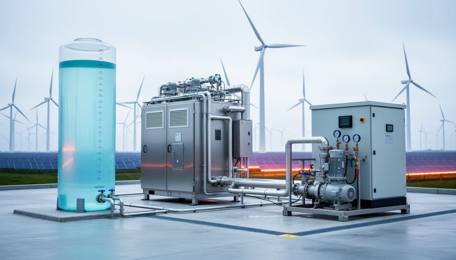 Stainless industrial electrolyzer and hydrogen compressor piping with a water tank in the foreground and wind turbines in the blurred background under an overcast sky.