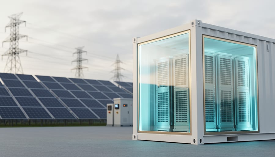 Battery energy storage units at a modern solar power facility under soft daylight, illustrating advanced grid-connected renewable storage technology.