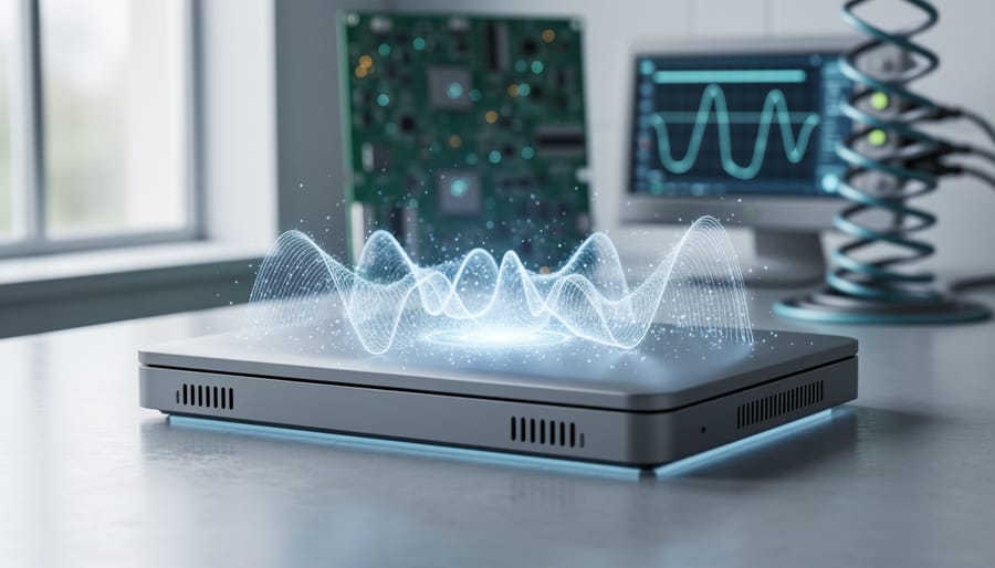 Laptop-sized quantum energy storage device in a laboratory setting with faint blue-white quantum wave light effects.